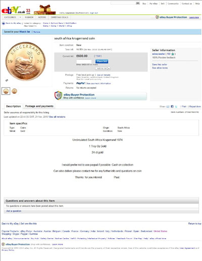 wirecrawler's First (Disappearing) eBay Listing Using our 1974 Krugerrand Photographs